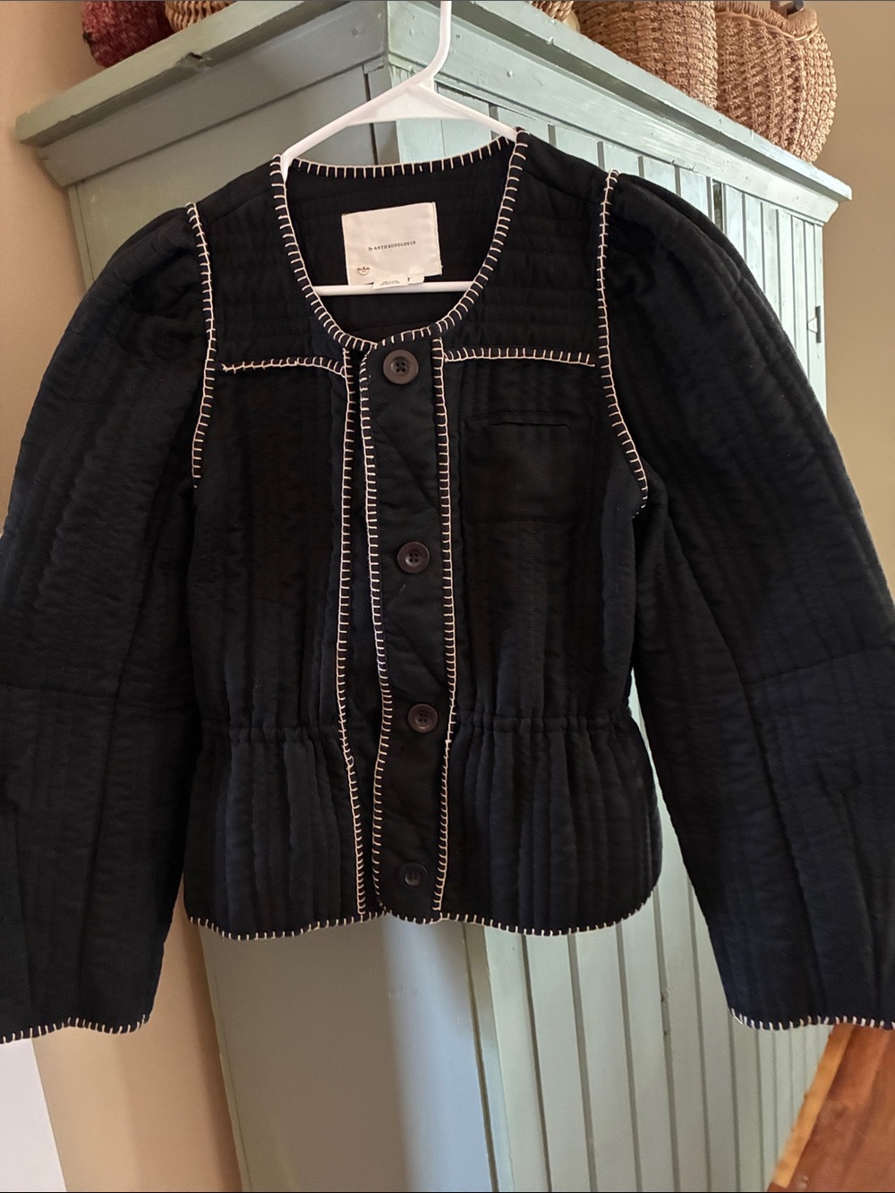 Black Quilted Button-Front Jacket with Contrast Stitching